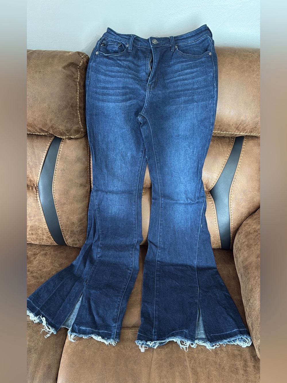 KanCan Dark Blue Flare Jeans with Frayed Hem
